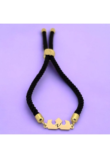 V Harfine Özel 14 Ayar Altın Plakalı Siyah İpek Örgülü Taç Figürlü Hediye Bileklik-507harf V