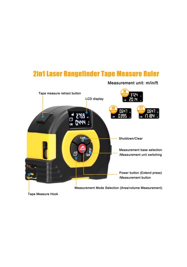 Reedark Usb Şarjlı 2 Si 1 Arada Lazerli Mesafe Ölçer Ve Şerit Metre, Alan Ve Hacim Hesaplama, Tarihsel Veri Hafızası, Geniş Kullanım Alanı.