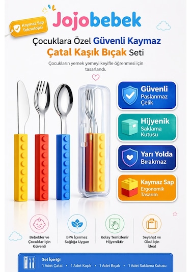 Tasarımlı Silikon Saplı Paslanmaz Çatal, Kaşık Ve Bıçak Seti + Saklama Kutusu 4 Parça