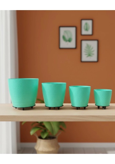 4 Lü 3d Yeşil Dekoratif Vazo Seti Modern Ayaklı Şık Saksı Takımı