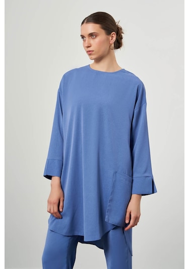 Mizalle Desen Dokulu Cepli İndigo Tunik İndigo
