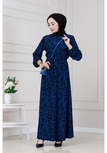 Beli Tünelli Karin Elbise-saks Mavi-5329 Saks Mavi