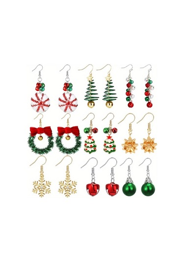 9 Parçadan Oluşan Set, Yeni Noel Küpeleri 2025: Taçlı, Ren Geyiği Ve Noel Şapkalı Noel Baba Küpeleri.