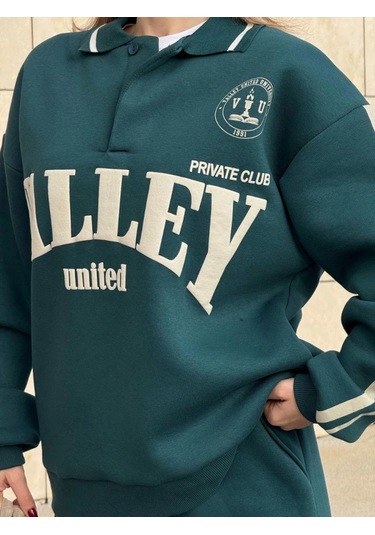 Reka Moda Üç İplik Yakalı Sweat Baggy Pantalonlu Takım - Yeşil Yeşil