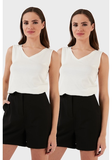 Lela Slim Fit V Yaka Kalın Askılı 2' Li Paket Bayan Bluz 5864384S2 Ekru-Ekru