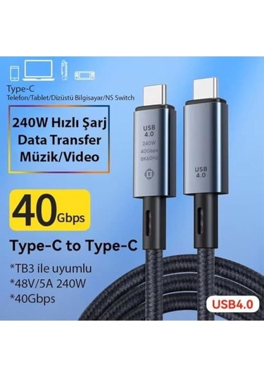 40gbps 240w 4.0 Thunderbolt Type-c To Type-c Şarj, Data Ve 8k 60hz Görüntü Aktarım Kablosu Tip C 50cm Zr848