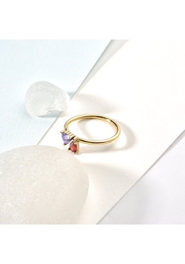 14 Ayar Altın Kaplama Kalp Ve Damla Renkli Taşlı Yüzük - Rs00111 Altın