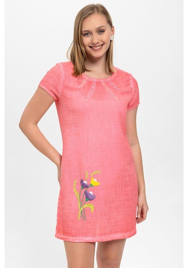 Pembe Çiçek İşlemeli Kısa Kollu Yazlık Astarsız Pamuklu Elbise Pembe