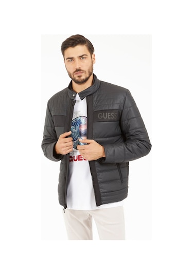 Guess Erkek Kapitone Fermuarlı Biker Ceket - Siyah Siyah