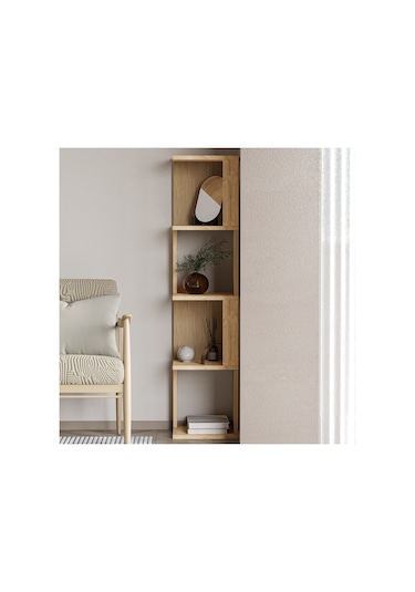 Herry Köşe Kitaplık Dekoratif Raf Ünitesi, Modern Kütüphane Sıcak Meşe/safir Meşe