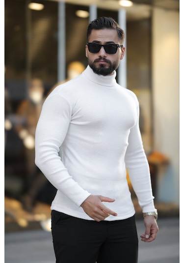 Erkek Beyaz Boğazlı Triko Kazak Beyaz