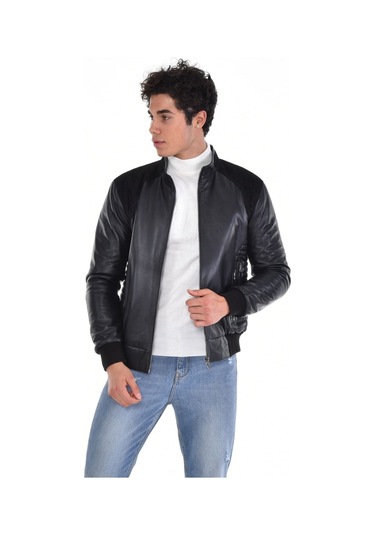 Hakiki Deri Siyah Erkek Deri Mont Kollar Ve Belden Lastikli Çift Fermuarlı Yandan Cepli Deri Ceket Siyah