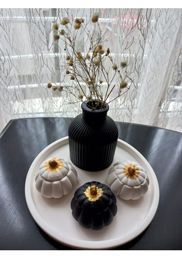 Tabakta 3'lü Mini Balkabağı Vazo Dekoratif Beyaz Siyah Set 03