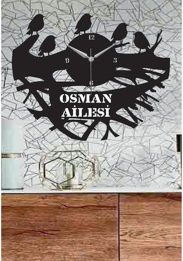 Kişiye Özel Serçe Çalı Kuş Temalı Dekoratif Ahşap Duvar Saati Siyah