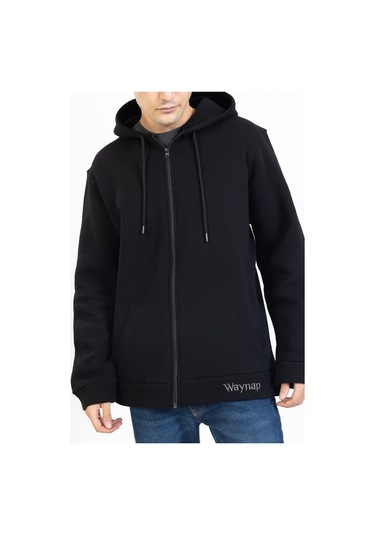 Tampap Erkek Kışlık Büyük Beden Kapşonlu Sweat Baskılı Fermuarlı Waynap Siyah
