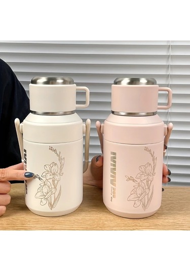 Maxaccess Mavi Çiçek Desenli 27.05 Oz Paslanmaz Çelik Seyahat Termosu Kapaklı Kulplu