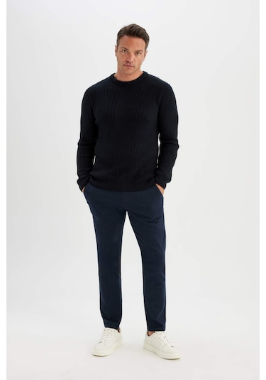 Defacto Standart Fit Normal Kesim Bisiklet Yaka Dokulu Triko Kazak C8814AX24WNNV64 Lacivert