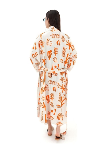 Baskılı Keten Kimono - Turuncu-turuncu Turuncu