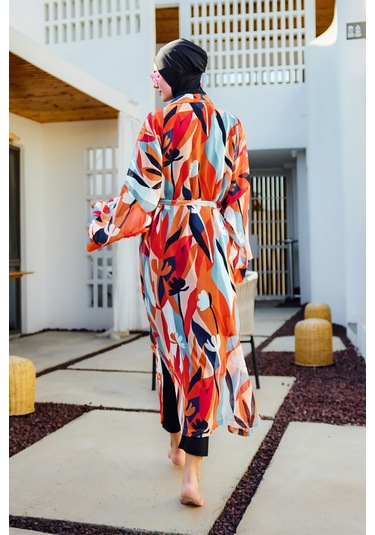 Remsa Tesettür Mayo Üzerine Tek Kaftan Kimono Pareo Turuncu Rp027 Lotus Turuncu