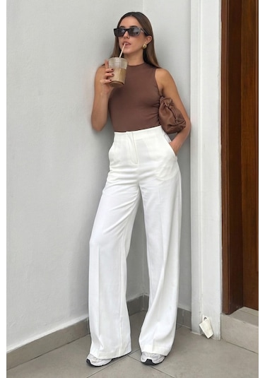 Madmext Beyaz Premium Yüksel Bel Pileli Pantolon Mg2717