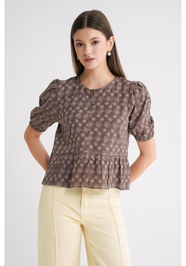 4688 Kadın Balon Kol Çiçek Desenli Peplum Bluz Kahve Kahve