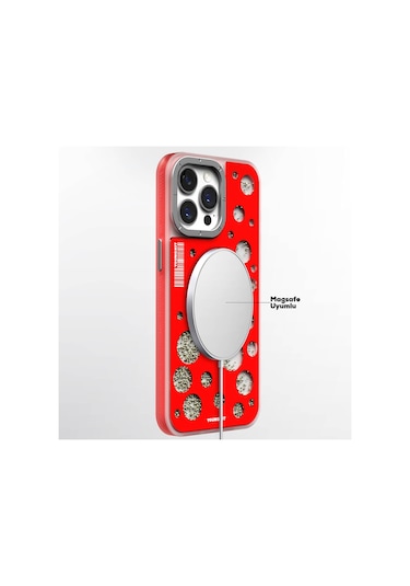 İphone 15 Pro Max Uyumlu Kılıf Magsafe Şarj Özellikli Youngkit Quicksand Beads Serisi Kapak Kırmızı