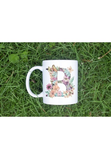 B Harfi Çiçekli Kupa Bardak - Soft Renk Çiçek Ve Kelebek Desenli Zarif Kahve Kupası - Bohem Beyaz