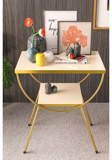 Yan Sehpa Komodin Metal Ayak Gold Krem Krem