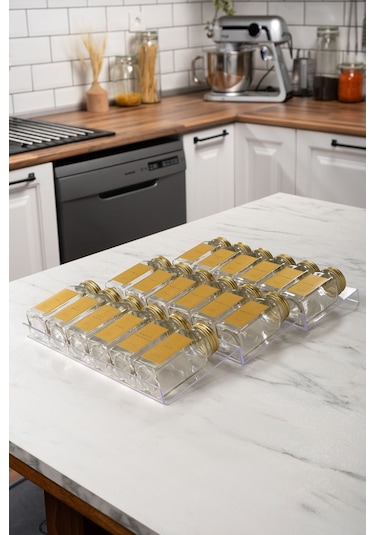 18'li Şeffaf Pleksi Standlı Cam Baharatlık Seti Gold Kapaklı Etiketli Baharatlık Takımı Mh02gld18 Gold - Şeffaf