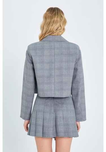 4581 Kadın Ekoseli Crop Ceket Gri Gri