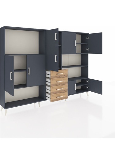 Arges Dolap 9 Raflı 4 Çekmeceli 8 Kapaklı 220x30x163 Antrasit-ant Antrasit-antrasit/çam