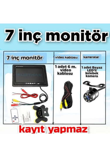 1 Adet Beyaz Ledli Kelebek Kamera 7'' Ekran Set Kayıt Yapmaz 12v