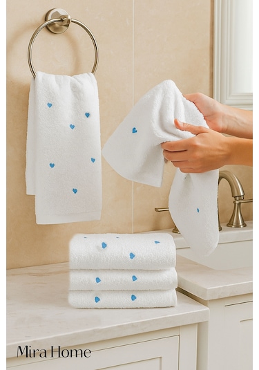 4 Lü Kalp Nakış İşlemeli El Yüz Havlu Seti %100 Pamuklu 50x90 Cm Hand Of Love Turkuaz
