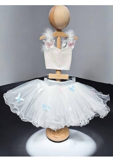 Kız Çocuk Kelebek Desenli Pullu Croplu Tütü Etekli Takım-15462 Beyaz