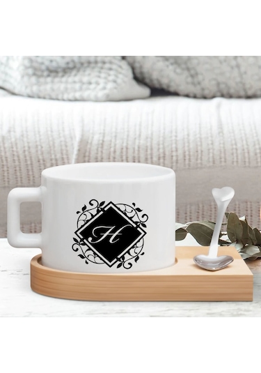 Bk Gift Kişiye Özel Baş Harf İsimli Ahşap Altlıklı Seramik Fincan-7 , Meslek Hediyesi, Yeni İş Hediyesi Kobitmeyen138076 Bk Gift