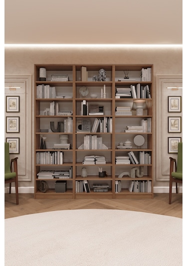 Asra Trend K-24 %100 MDF 180 cm 3 Modüllü Kitaplık 21 Raflı Dev Kütüphane Petra