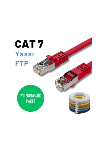 5 Adet 3 Metre, Kırmızı Cat7 Yassı Ftp Ethernet Network İnternet Kablosu