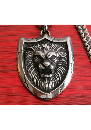 Paslanmaz Çelik Kabaratma Desen Aslan Kolye / 70 Cm Zincirli Gümüş