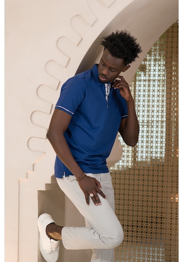 Paul Martin Regular Fit Yaka Garnili Pamuklu Polo Yaka T-shirt İndigo