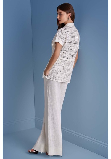 Gömlek Yaka Ekru Keten Gömlek Ekru