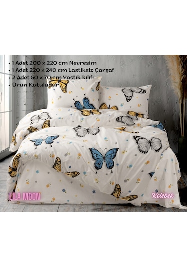 Ranforce Light Kelebek Çift Kişilik Nevresim Takımı Beyaz - Mavi - Hardal