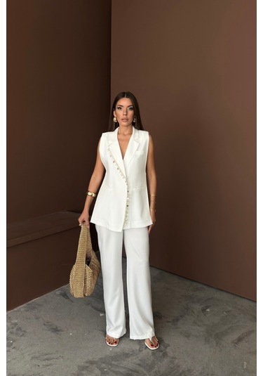 Yaka Midye Kabuğu Sıralı Yelek - Pantolontakım Keten Kumaş - Beyaz Beyaz