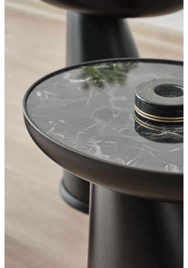 Altınaks Mobilya Elips Sehpa,3'lü Sehpa,yan Sehpa,zigon Sehpa - Siyah & Siyah Mermer Desenli