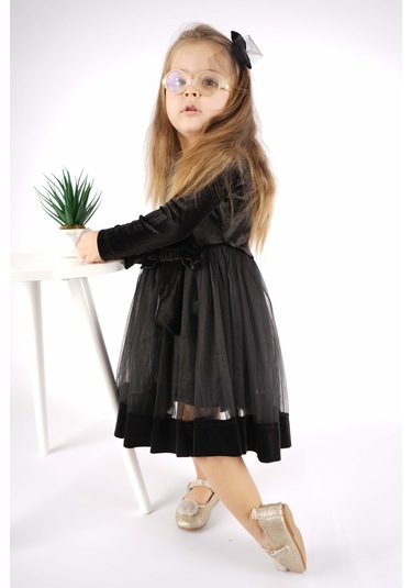 Kız Çocuk Yılbaşı Temalı Fiyonklu Eteği Tül Uzun Kol Elbise Siyah