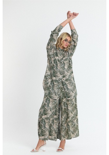 Schık Kadın Viskon Rahat Bol Paça Truvakar Kol Önü Düğme Baskılı Takım Haki