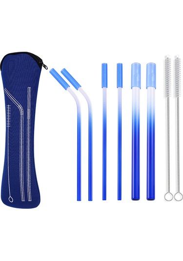 8'li Set Paslanmaz Çelik Metal Pipet, Renkli Ve Yeniden Kullanılabilir Mavi