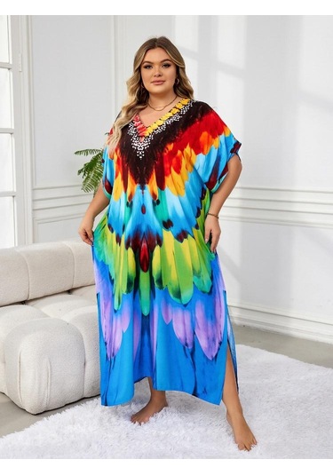 Edolynsa Şık Kadın Kaftan Bohem Renkli Bornoz Rahat Büyük Beden Moo Moo Elbise Taze Elbise Tatil Partisi Uzun Elbise Kıyafet Q1594 Çok Renkli