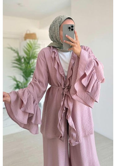 Fırfır Detaylı Volan Kollu Takım - Pembe Pembe