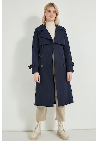 Pastelastore %100 Pamuk Gabardin Uzun 110cm Astarlı Kemerli Kadın Trençkot 1111 Lacivert