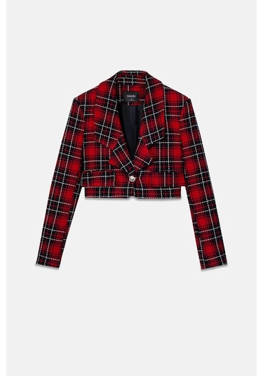 Kadın Kırmızı Ekoseli Crop Blazer Kırmızı
